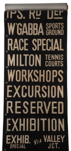 BRISBANE TRAM DESTINATION ROLL: circa 1960's, Brisbane City Council, destinations including Ascot Oriel Park, Barton Rd, Clayfield, Salisbury, West End, Breakfast Creek, Kalinga, W'Gabba Sports Ground, Exhibition Special via Valley Junction; 66cm wide, 14