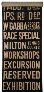 BRISBANE TRAM DESTINATION ROLL: circa 1950's, destinations including Ascot Racecourse, Balmoral Cemetery, Hawthorne Rd, Norman Bridge, Moorooka, Holland Park, Ashgrove, Rosalie, Exhibition Special via Barry Place; 66cm wide, 1440cm long.