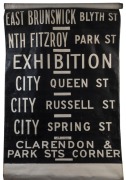 MELBOURNE TRAM DESTINATION ROLL: circa 1970s, Preston Depot, destinations including City Brunswick Street, Northcote via St Georges Rd, Thornbury Miller Street, Fitzroy Smith and Johnston Sts, Clifton Hill, Northcote Beavers Rd; 102cm wide, 860cm long.