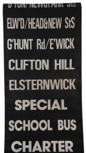 MELBOURNE BUS DESTINATION ROLL: circa 1989, Elwood Depot, destinations including North Rd/ Gardenvale, City, Brighton/ New & Dendy, St Kilda Junction, Elwood Head & New Sts, Clifton Hill, Elsternwick, Mid Brighton Beach; 76cm wide, 410cm long.