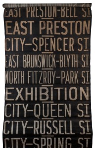 MELBOURNE TRAM DESTINATION ROLLS: circa 1950's, Preston depot two shortened rolls, destinations including West Preston Northcote, Hanna St Depot, City-Brunswick St, West Preston-Bell St, City Spencer Street, Victoria Parade; Largest 101cm wide, 685cm long.
