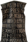 MELBOURNE TRAM DESTINATION ROLLS: circa 1950's, Preston depot two shortened rolls, destinations including West Preston Northcote, Hanna St Depot, City-Brunswick St, West Preston-Bell St, City Spencer Street, Victoria Parade; Largest 101cm wide, 685cm long - 2