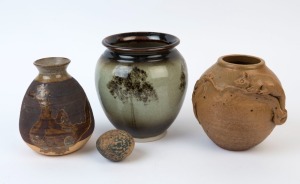SYLVIA HALPERN pottery incense holder together with a possum vase, dragon vase and a landscape vase, (4 items), the largest 18cm high
