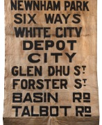 LAUNCESTON TROLLEYBUS DESTINATION ROLL: circa 1950's, destinations including Norwood, Newstead, Newham Park, White City, Glen Dhu Street, Six Ways, Forster Street, City; 100cm wide, 312cm long.