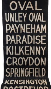 ADELAIDE TRAM DESTINATION ROLL: circa 1940's, Old Glenelg, destinations including Burnside, Hilton, Kensington Oval, City & Glenelg, Henley, Showgrounds, Springfield, Kilkenny, Torrensville; 66cm wide, 803cm long.