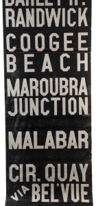 SYDNEY TRAM DESTINATION ROLL: circa 1960's, Eastern Suburbs, destinations including Bronte Beach, Kings Cross, Watsons Bay, Zetland, Rosebery, Stadium, North Bondi via Bellevue and Bondi Beach, Coogee Beach; 50cm wide, 1100cm long.