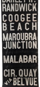 SYDNEY TRAM DESTINATION ROLL: circa 1960's, Eastern Suburbs, destinations including Bronte Beach, Kings Cross, Watsons Bay, Zetland, Rosebery, Stadium, North Bondi via Bellevue and Bondi Beach, Coogee Beach; 50cm wide, 1100cm long.