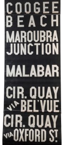 SYDNEY TRAM DESTINATION ROLLS: circa 1960s, Watsons Bay area destinations including Elizabeth Street, Kings Cross, Rushcutters Bay, Vaucluse, Circular, Cricket Ground, Beach Road, Grosvenor Street, Maroubra Junction; 50cm wide, 1195cm long. Together with a short off-cut from Watsons Bay area.