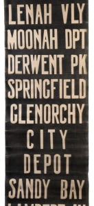 HOBART TRAM DESTINATION ROLL: circa 1950's, destinations including, W Hobart, Warwick Street, Railway, City, Depot, Augusta Rd, Lenah Valley, Derwent Park, Giblin Street, Glenorchy, Sandy Bay, Lambert Av; 45cm wide, 312cm long.
