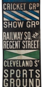 SYDNEY TRAM DESTINATION ROLL: circa 1950's, Western suburbs destinations including Leichhardt, Rozelle, Birchgrove, Ryde Abbotsford, Fivedock, University, Cook's River, Pyrmont, George Street North, Cricket Ground, Railway Square via Regent Street, Coogee Beach; 50cm wide, 1260cm long.