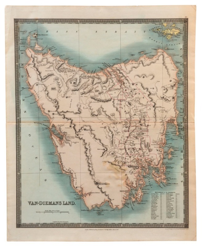 Henry Teesdale, VAN-DIEMENS LAND, Engraved by J. Dover, 1831, steel engraving with some hand colouring, overall 46 x 37cm.