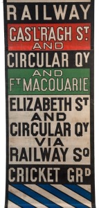SYDNEY TRAM DESTINATION ROLL: circa 1950, Eastern suburbs-end, destinations including Denham St Bondi Junction, Bellevue Hill, St James Station via College Street, Clovelly Kensington, Rosebery, Botany, Dowling St Depot, Eddy Avenue, Railway Square via Regent Street; 50cm wide, 1260cm long.