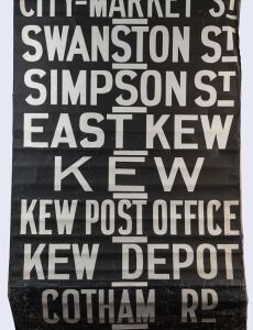 MELBOURNE TRAM DESTINATION ROLL: circa 1970's, Camberwell Depot, destinations including Olympic Park, Richmond, Burnley, Riversdale, Wattle Park-Elgar Rd, Burwood, Hartwell, Chapel Street, City, Domain Rd; 90cm wide, 900cm long.
