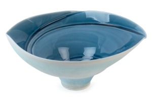 VICTOR GREENAWAY blue glazed ceramic fruit bowl, impressed seal mark to base, ​​​​​​​11cm high, 25cm wide