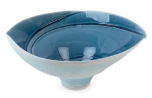 VICTOR GREENAWAY blue glazed ceramic fruit bowl, impressed seal mark to base, 11cm high, 25cm wide