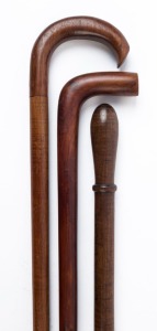 Three antique timber walking sticks including fiddleback blackwood and eucalypt, 19th and 20th century, the largest 90cm  high