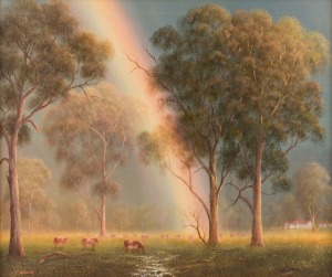 JOHN DOLLERY (1933 - ), (rainbow landscape), oil on canvas, signed lower left "J. Dollery", 51 x 61cm, 78 x 80cm overall