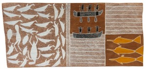 ARTIST UNKNOWN, (fishing, North Queensland, circa 1980), earth pigment on bark 35 x 76cm.