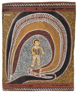 CONNIE ROVINA (active since 1981), (man protected by a snake), North Queensland, circa 1981, painting on bark, signed lower right "C. Rovina", 50 x 21cm.