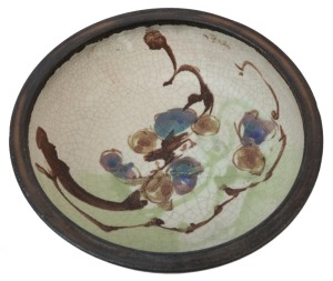 MILTON MOON pottery fruit bowl with fruit motif, incised "Milton Moon", ​​​​​​​8.5cm high, 25cm diameter