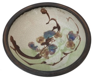 MILTON MOON pottery fruit bowl with fruit motif, incised "Milton Moon", 8.5cm high, 25cm diameter