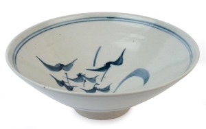 LES BLAKEBOROUGH studio pottery bowl with blue glazed leaf design, impressed monogram seal mark to base, 10cm high, 27cm diameter120