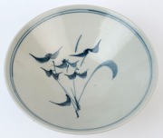 LES BLAKEBOROUGH studio pottery bowl with blue glazed leaf design, impressed monogram seal mark to base, ​​​​​​​10cm high, 27cm diameter120 - 2