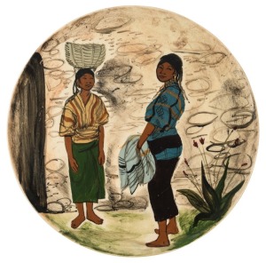 MARTIN BOYD pottery platter with South American peasant scene, incised "Martin Boyd", 31.5cm diameter