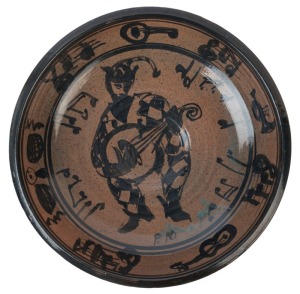 REG PRESTON studio pottery bowl with hand-painted musical design, incised "Preston", 7cm high, 27.5cm diameter
