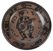 REG PRESTON&nbsp;studio pottery bowl with hand-painted musical design, incised "Preston", ​​​​​​​7cm high, 27.5cm diameter