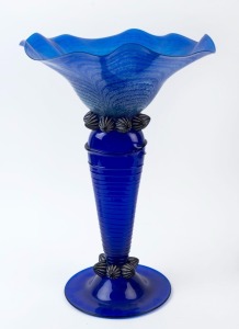 STEPHEN MORRIS Australian blue art glass centrepiece with shell prunts and flared rim, engraved signature to base, 54cm high