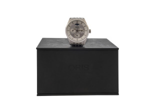 ORIS chronograph automatic skeleton back wristwatch, silver finished dial with baton numerals and moonphase, stainless steel case and bracelet, in original box with booklet, 4cm wide