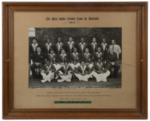 "The West Indies Team in Australia 1960-61": official team photograph (37x25cm) including Frank Worrell (Capt.), Gary Sobers, Conrad Hunte, Rohan Kanhai, Seymour Nurse, Wes Hall & Lance Gibbs; framed & glazed, overall 57x47cm. Ex 'The Cricketers Bar', Windsor Hotel, Melbourne. This was the team that competed in the famous Tied Test of the 1960-61 Series and endeared themselves to the Australian public by making a huge contribution to an exciting seesaw series they might easily have won.