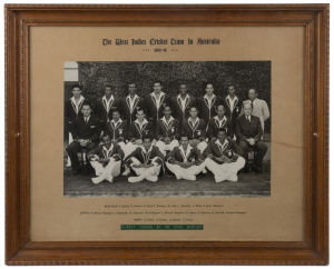 "The West Indies Team in Australia 1960-61": official team photograph (37x25cm) including Frank Worrell (Capt.), Gary Sobers, Conrad Hunte, Rohan Kanhai, Seymour Nurse, Wes Hall & Lance Gibbs; framed & glazed, overall 57x47cm. Ex 'The Cricketers Bar', Wi