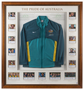 2004 ATHENS OLYMPICS - AUSTRALIAN OLYMPIC TEAM JACKET: attractively presented in a framed & glazed display, surrounded by images of all Australia's gold medallists with signatures beneath, limited edition, numbered 15/250; overall 122x130cm.