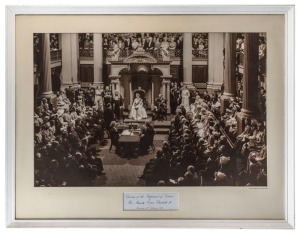 Large sepia photographic print titled "Opening of the Parliament of Victoria by Her Majesty Queen Elizabeth II on Thursday 25th February 1954", framed & glazed, overall 94 x 119cm.