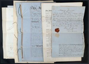 An interesting range of legal documents including two related to the sale of "the good schooner "Empire" in Honolulu and San Francisco (1837 and 1851); several Victorian Indentures including one for the lease of a book stall at Ballarat West Railway Stati