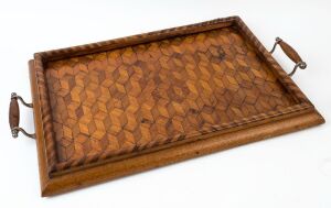 An Australian inlaid timber serving tray with tumbling box design, late 19th or early 20th century, 65cm across the handles