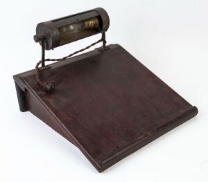 A clerk's writing slope with lamp fitting, early 20th century, ​​​​​​​28cm high, 38cm wide, 39cm deep