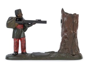 CREEDMOOR antique cast iron rifleman moneybox, 19th century, 17cm high, 25cm wide