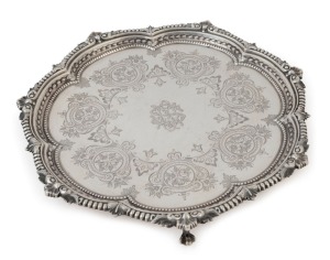 An antique English sterling silver salver with engraved decoration, by Martin Hall & Co. of London, circa 1876, 26cm diameter, 560 grams