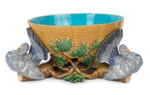 MINTON majolica "Dove" centrepiece bowl, circa 1870s, 14cm high, 28cm wide