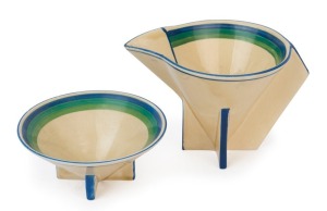 CLARICE CLIFF "Bizarre" English Art Deco porcelain milk jug and sugar bowl, circa 1925, (2 items), stamped "Newport Pottery, Bizarre, Clarice Cliff, England, Hand-Painted", the jug 10cm high, 15cm wide