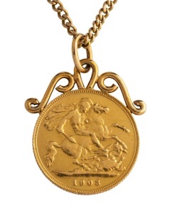 A 1903 half sovereign pendant on a yellow gold chain, 11 grams total