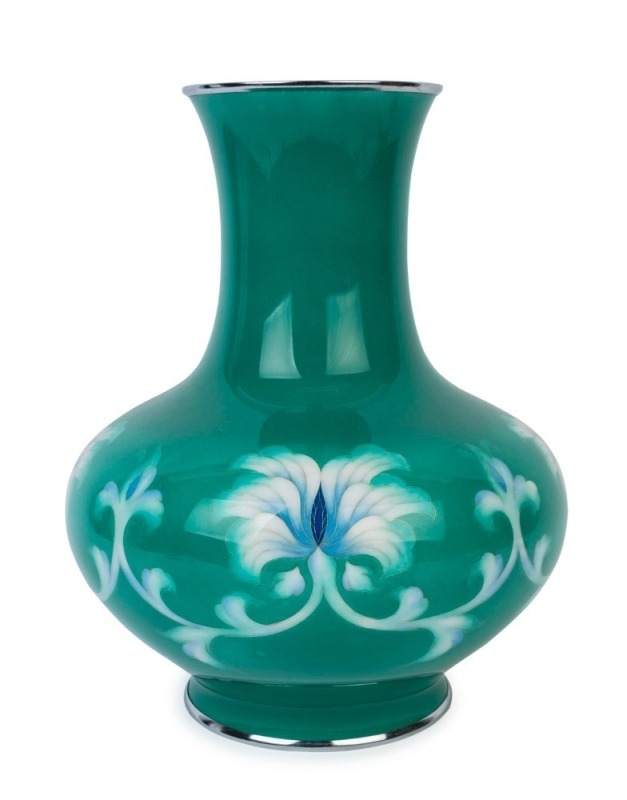 An impressive Japanese cloisonné baluster shaped vase floral decoration on jade green ground, 20th century, 31cm high