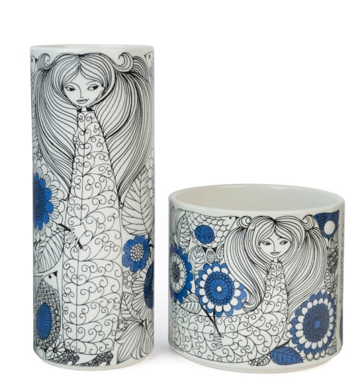 ARABIA WARE two cylindrical Finnish porcelain vases, circa 1960, stamped "Arabia, Made in Finland, Pastoraali", 21cm and 11cm high