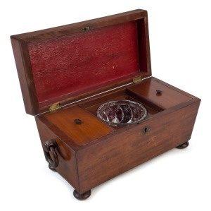 An antique English mahogany sarcophagus form tea caddy with twin compartments and mixing bowl, circa 1835, ​​​​​​​16cm high, 33cm wide, 15cm deep