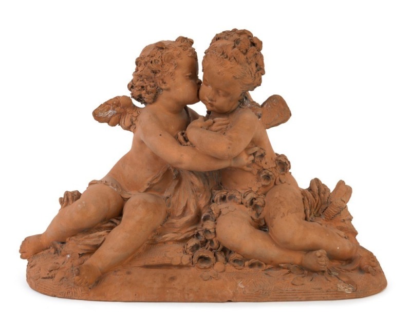 An antique terracotta cherub figure group statue, late 19th century, 27cm high, 38cm wide