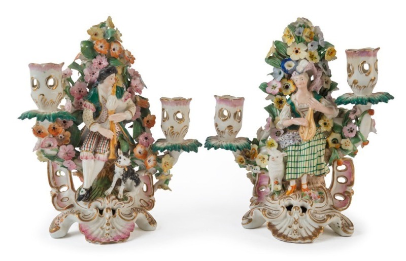 CHELSEA early English porcelain pair of figural candelabras, "The Shepherd and The Shepherdess", 19th century, 23cm high