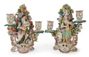 CHELSEA early English porcelain pair of figural candelabras, "The Shepherd and The Shepherdess", 19th century, 23cm high